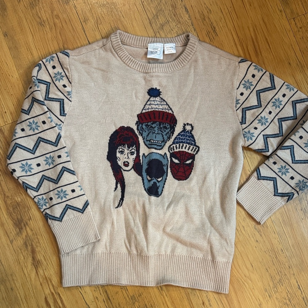 Marvel Christmas Sweater Kids Disney 100yr Anniversary Tan Sz M